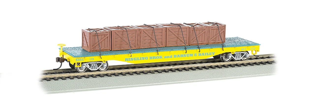 Ringling Bros. & Barnum & Bailey Flat Car With Crate Load #119 (Yellow) HO Scale Bachmann Ringling Bros. & Barnum & Bailey Flat Car with Crate Load #119 (Yellow) HO Scale Bachmann