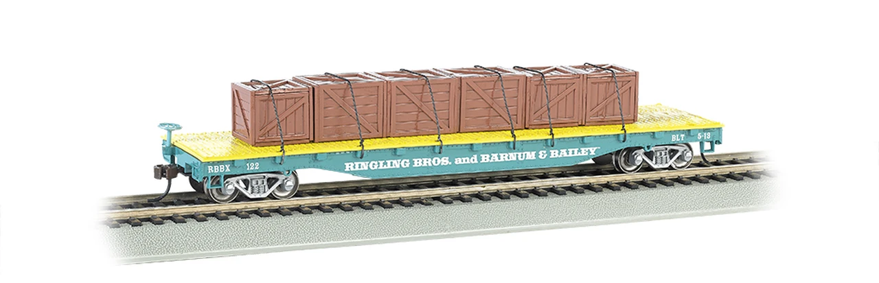 Ringling Bros. & Barnum & Bailey Flat Car With Crate Load #119 (Blue) HO Scale Bachmann Ringling Bros. & Barnum & Bailey Flat Car with Crate Load #119 (Blue) HO Scale Bachmann