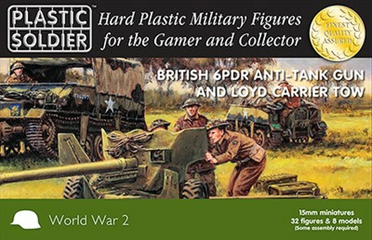 15mm WWII British 6-Pdr Anti-Tank Gun (4), Loyd Carrier Tow (4) and Crew (32) Plastic Soldier