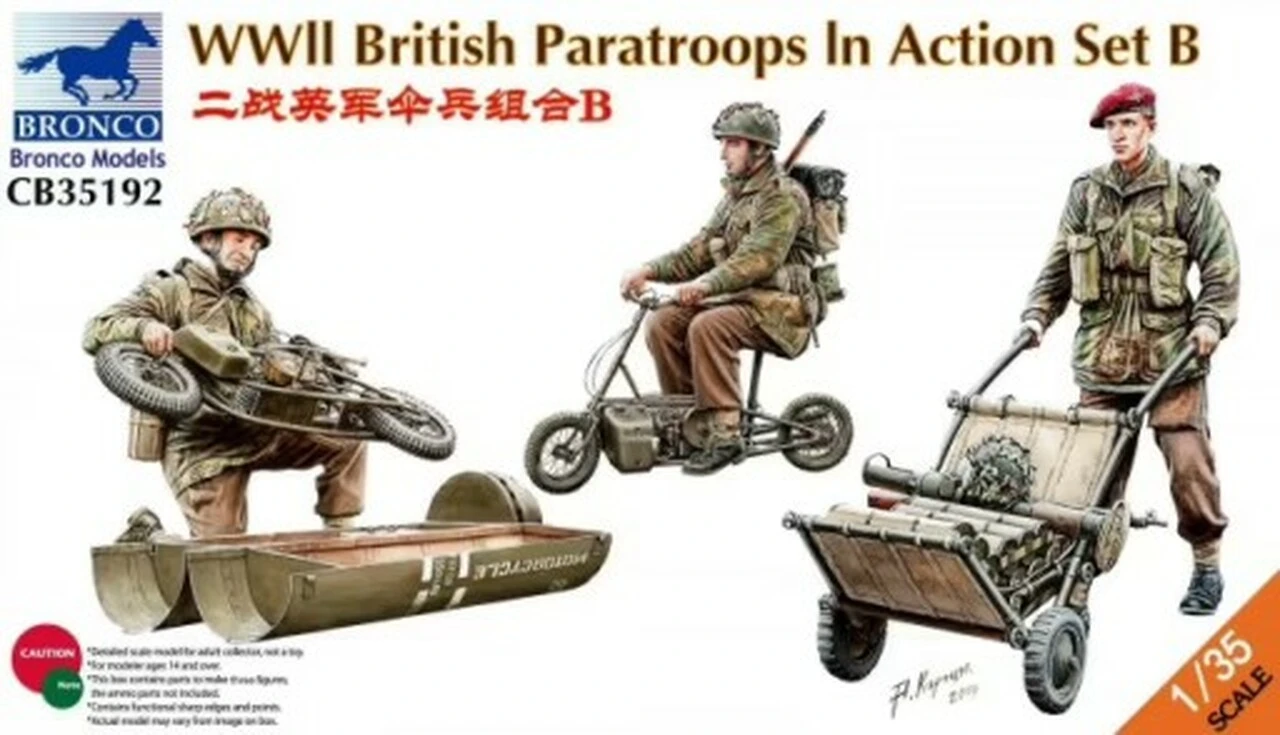 WWII British Paratroopers in Action Set B (3) w/Motor Bikes & Cart 1/35 Bronco Models