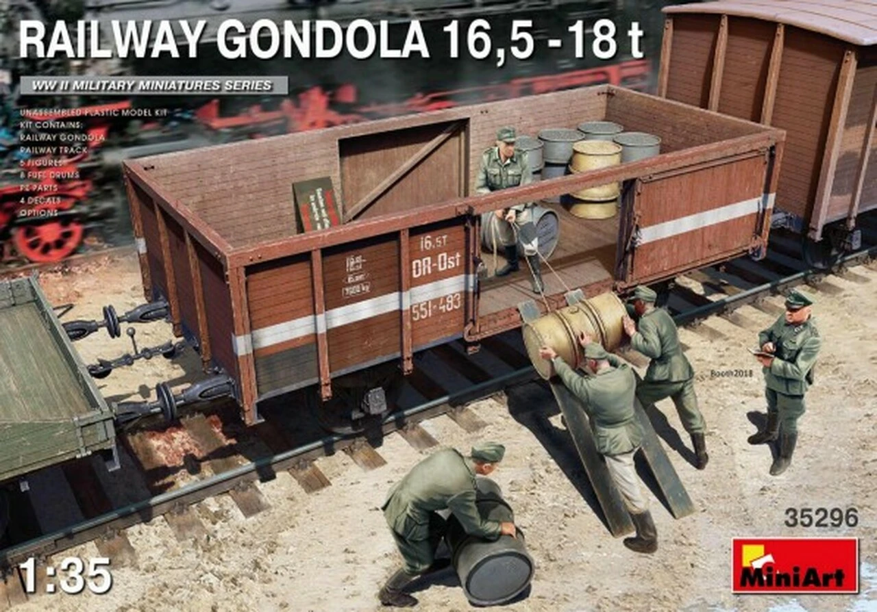 WWII 16.5 18-Ton Railway Gondola w/Figures (5) & Fuel Drums (8) 1/35 Miniart