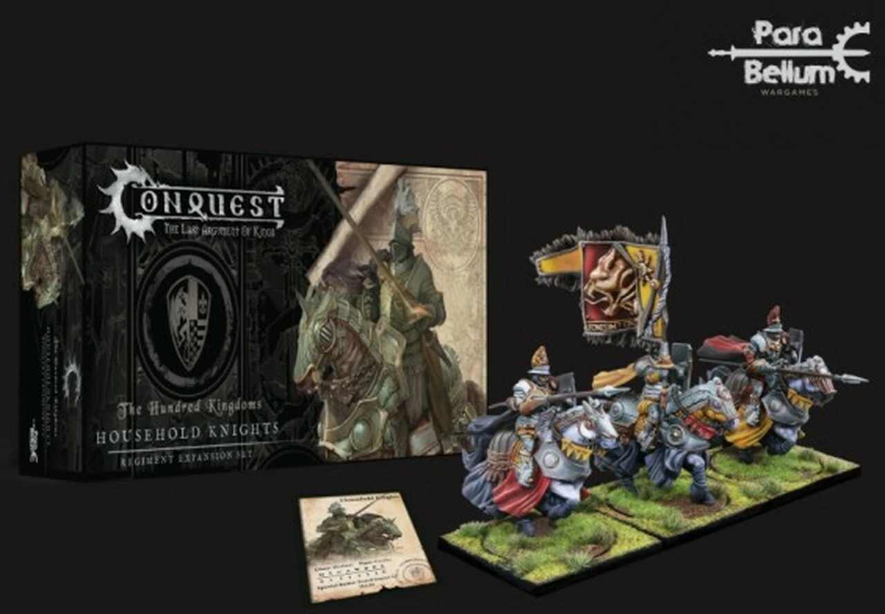 Conquest Hundred Kingdoms: Household Knights Plastic Figure Kit (3 Mtd w/stands) 38mm Para Bellum Wargames