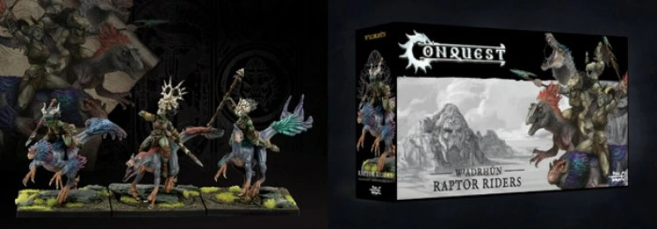 Conquest Wadrhun: Raptor Riders Plastic Figure Kit (3 Mtd w/stands & bases) 38mm Para Bellum Wargames